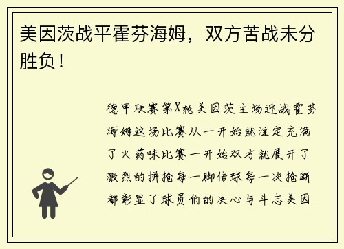 美因茨战平霍芬海姆，双方苦战未分胜负！