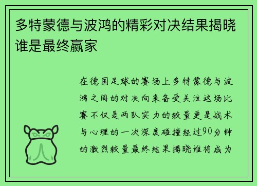 多特蒙德与波鸿的精彩对决结果揭晓谁是最终赢家